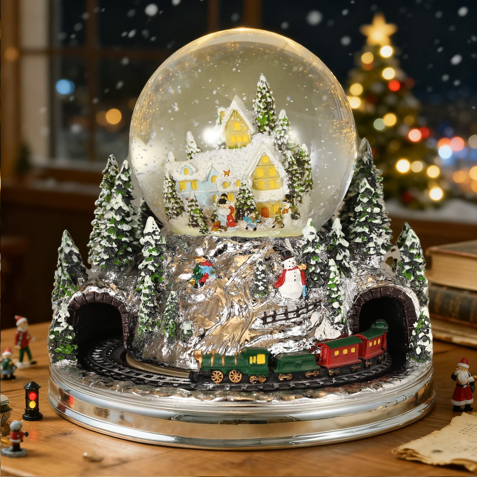 

Lewondr Christmas Snow Christmas Tree Snow Globe with USB Battery Power 8 Christmas Songs Automatic Christmas Decorative Winter Forest Railway Globe,