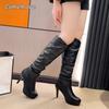 Taglia 35-41 Stivali Sexy Al Ginocchio da Donna Stile Britannico Nero con Tacco Pieghettati Moda Pelle Stivali Lunghi da Donna Bottes Femmes