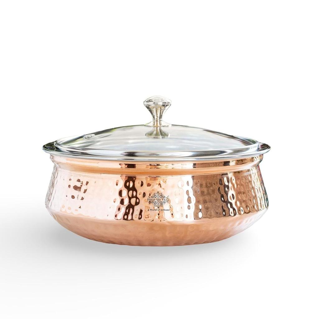 Steel Copper Serving Handi with Glass Lid, Serving Dishes Chicken Briyani Vegetables Home Hotel Restaurant Tableware, Volume - 800 ML (Pack of 1)