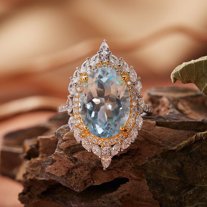 S925 Sterling Silver Plated 18K Gold Natural Color Treasure Large Carat Ring Light Luxury Premium Index Finger Ring Energy Jewelry