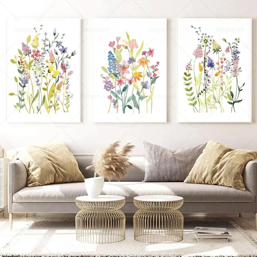 Sulu Boya Kır Çiçeği Posteri Renkli Çiçek Baskıları Bitki Duvar Sanatı Tuval Tablo Oturma Odası Dekorasyonu için Duvar Resimleri