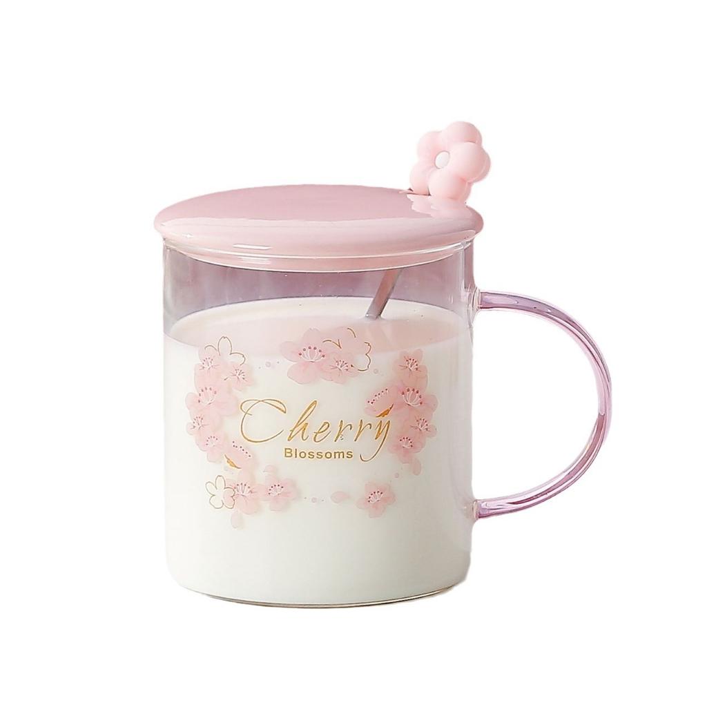 Summer Japanese Cherry Blossom Glass Cups for Girls High Appearance Level Household Water Cups High Temperature Resistant Large Capacity Milk Cups
