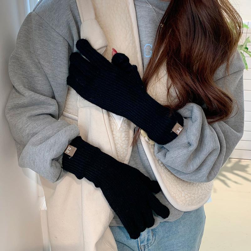Extended Solid Color Versatile Knitted Gloves Female Student Finger Warm Gloves Male