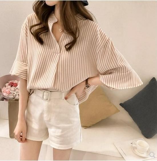 Plus Size Women's V-Neck Striped Seven-Sleeve Casual Shirt - 2025 Korean Summer Collection