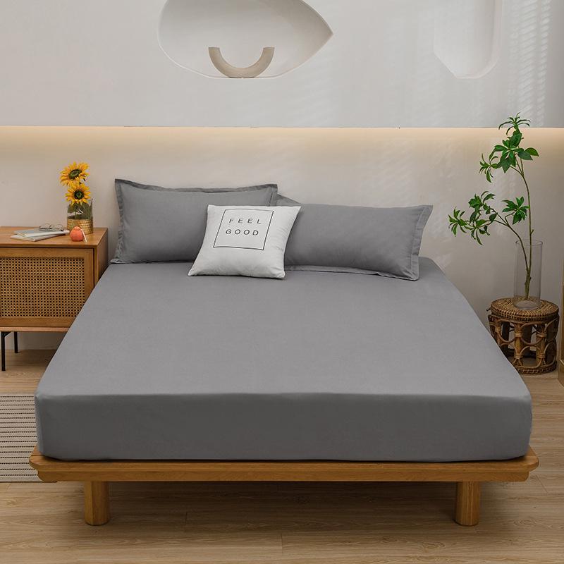 Solid Color Washed Cotton Fitted Sheet with Non-Slip Design and Skin-Friendly Pillowcase