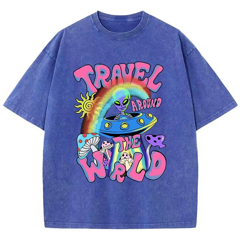 Damen Baumwolle Gewaschene T-Shirts Mode Locker O-Ausschnitt T-Shirts Die Ankunft von Aliens Druck Kurzarm Sommer Damenbekleidung