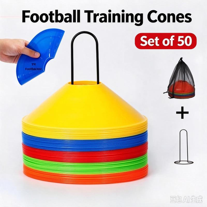 Football Training Cones Set Of 50 Sports Training Cones Agility Football Training Equipment Mixed-Color Plastic Handled Mesh Bag
