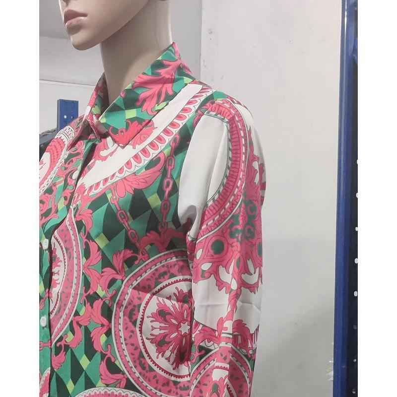 Foreign Trade European and American Women's Clothing Shirt Women's Spring and Autumn-Border Top Lapel Cardigan Printed Shirt Autumn Long Sleeve
