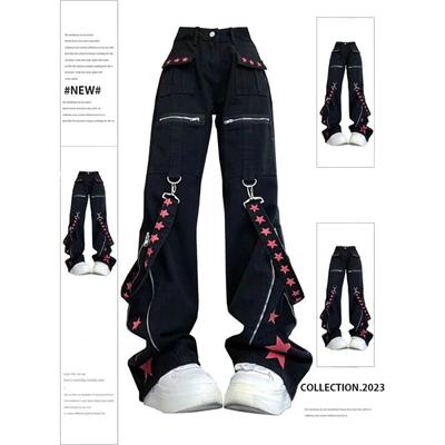 Kadın Siyah Gotik Bol Kargo Pantolon Harajuku Vintage Y2k Kot Pantolon Kovboy Pantolon 90'lar Estetik Çöp Emo 2000'ler Giysiler Yeni