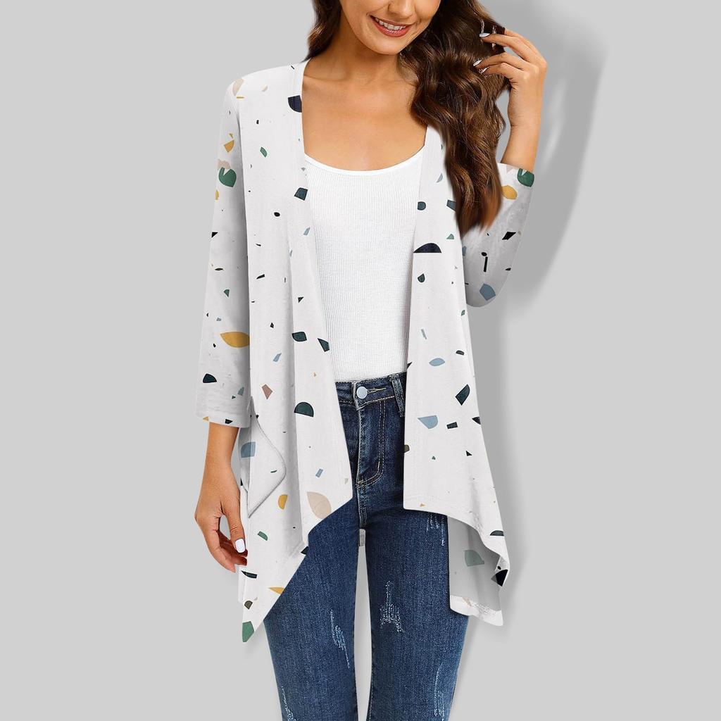 3/4-Ärmel Damen Retro-bedrucktes Oberteil, leichte Jacke, Strickjacke mit Tasche