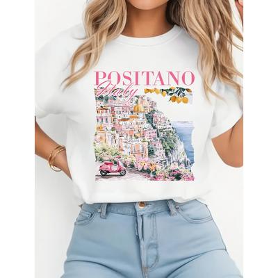 T-shirt à manches courtes et col rond, taille européenne A, confortable, avec une impression du littoral italien, fabriqué en tissu doux
