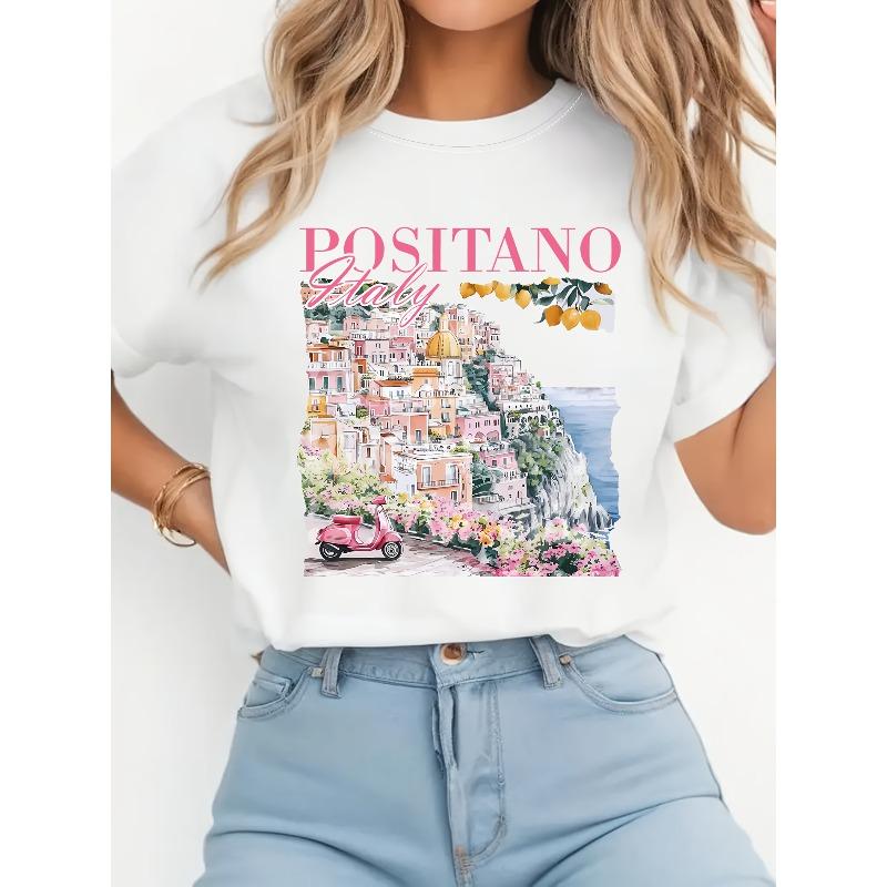 

European size A Comfortable Short-Sleeve Round-Neck T-Shirt Featuring a Print of The Italian Coastline, Made from Soft Fabric 4XL білий