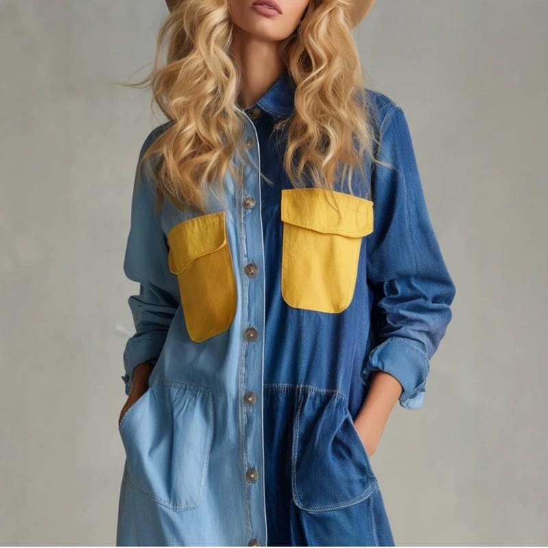 Vintage Americana Patchwork Denim Midi-Kleid Mit Taschen Knopfdetail Lockerer Schnitt
