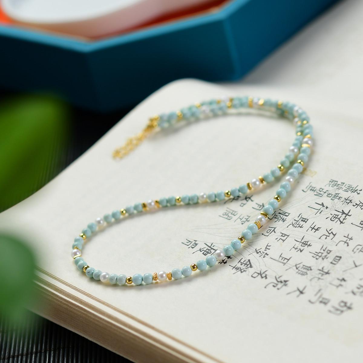 Изысканное колье-чокер из натурального бирюзы и жемчуга 3.5mm