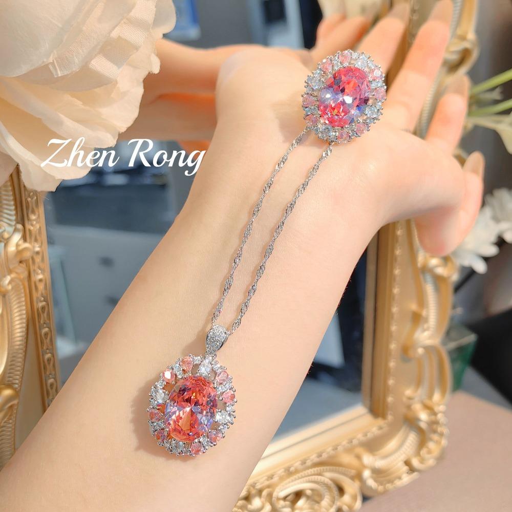 Fashion Jewelry Set Necklace Earrings with Pink Diamond Pendant Elegant Argyle Pink Ring for Women