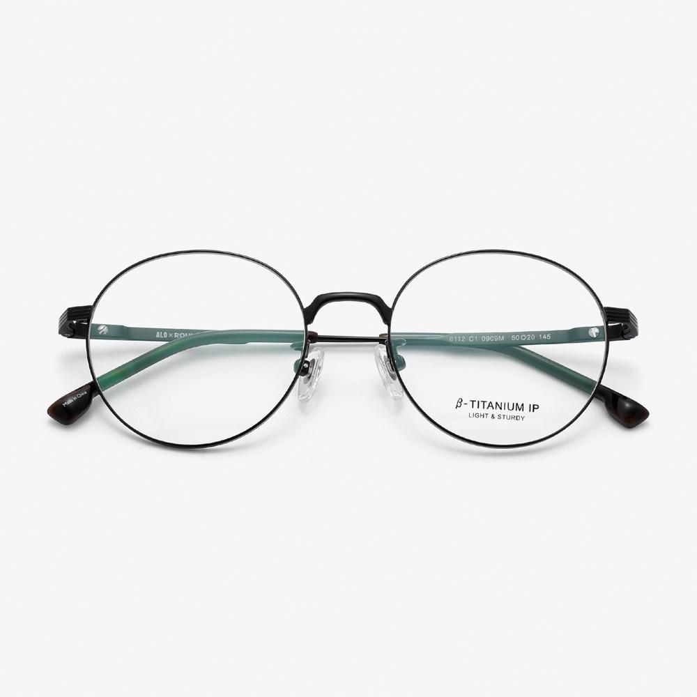Alloaiweeo [Aloxrounz] Beta Titanium Round Eyeglass Frames Ara8112 C1 Matte Black