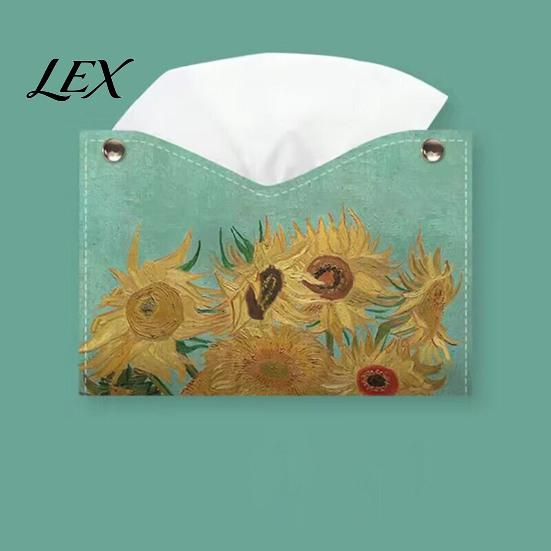 Student Desk Tissue Storage PU Leather Box Cover with Wild Rose/Sunflower Pattern, Foldable Desktop Organizer, Napkin Holder Modern Home Accessory