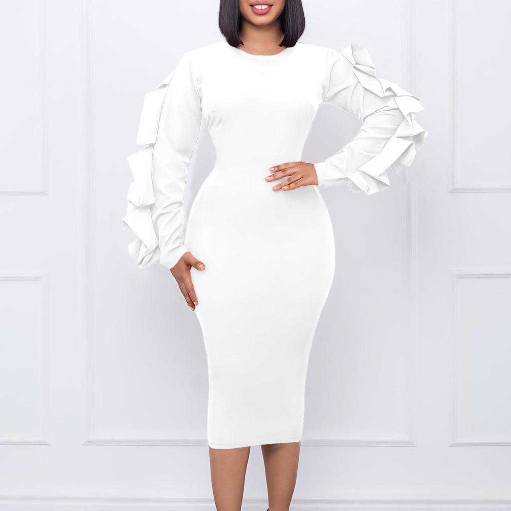 Long Sleeve Bodycon Dress Women Ruffles Sleeve Solid O Neck Package Hips Mid Calf Dress Clothes Robe