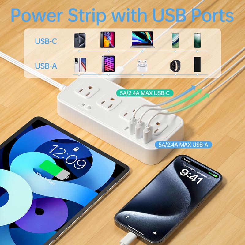 8 Holes Ac Outlet Us Plug Power Strip with 2 Usb Ports 2 Type C Fast Charge 5Ft Extra-Long Extension Cord Socket for Home Office