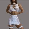 Sexy Lingerie Sets Black Leather Mesh Bandage Erotic Costumes Fancy Underwear Transparent Bra Thongs Skirts Garters Sex Outfits