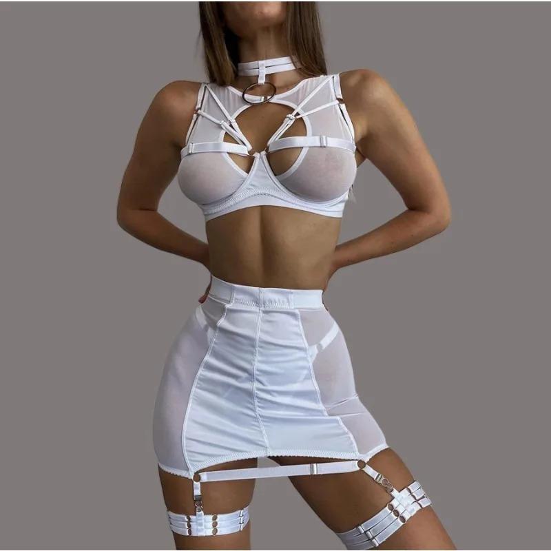 Sexy Lingerie Sets Black Leather Mesh Bandage Erotic Costumes Fancy Underwear Transparent Bra Thongs Skirts Garters Sex Outfits