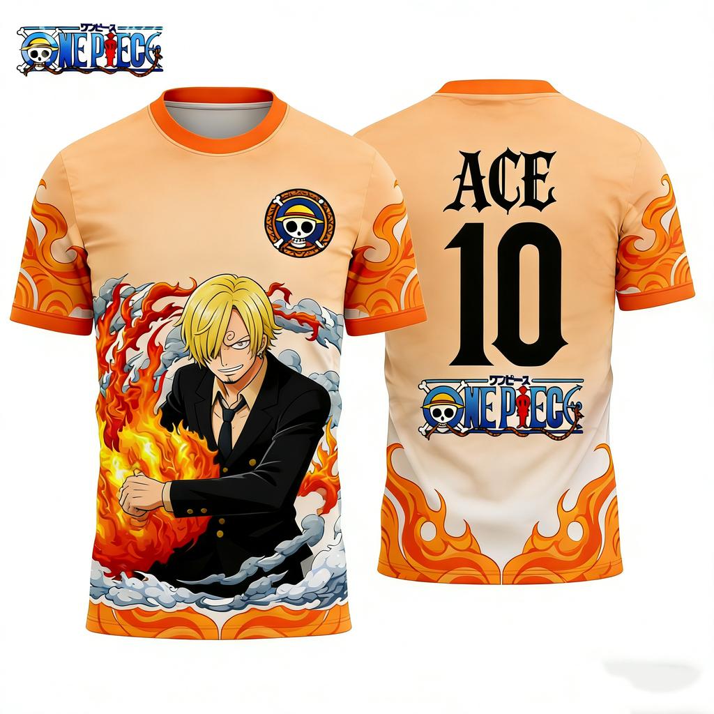 Summer 2026 One Piece Ace X French "Mecha Flame" Soccer 3D Print Breathable Quick-drying T-shirt for Men and Women Top