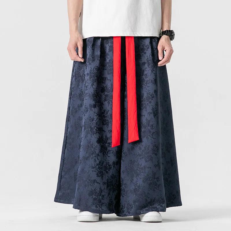 2026 Men Loose Wide Leg Pants Spring Men Casual Black Skirt Pants Fashion Flared Pants Chinese Style Men Print Harajuku Trousers
