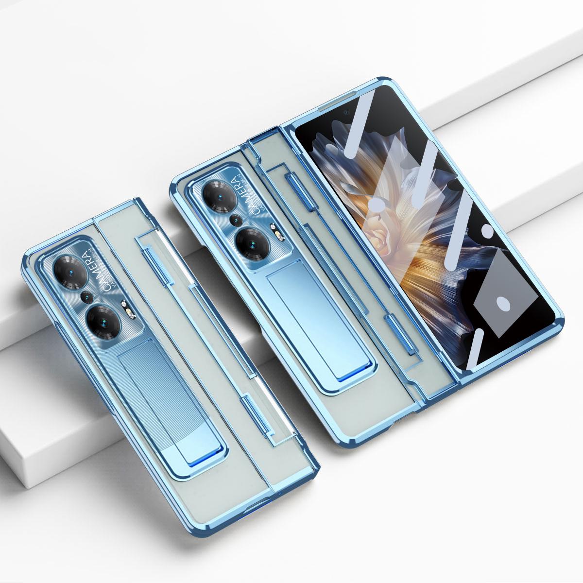 

For Honor Magic Vs Ultimate 5G/Magic Vs 5G Kickstand Transparent Phone Case Electroplating Anti-drop PC Cover with Tempered Glass Film Blue