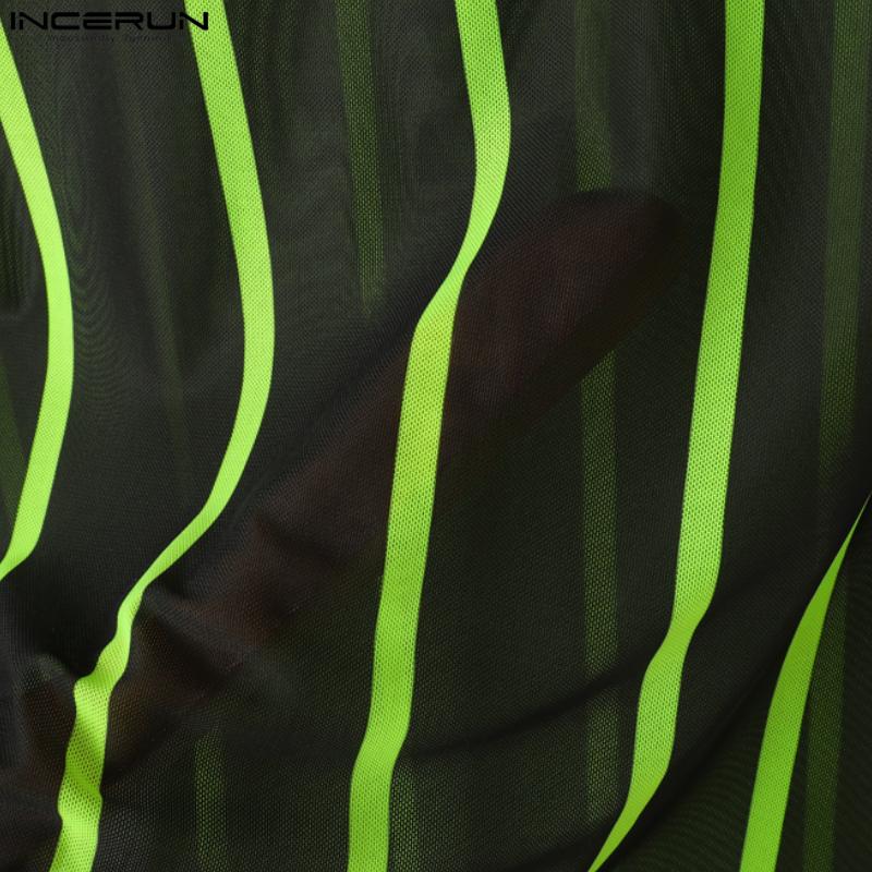 INCERUN Men Short Sleeve Mesh Sheer Patchwork Striped Party Club T-shirts Tops