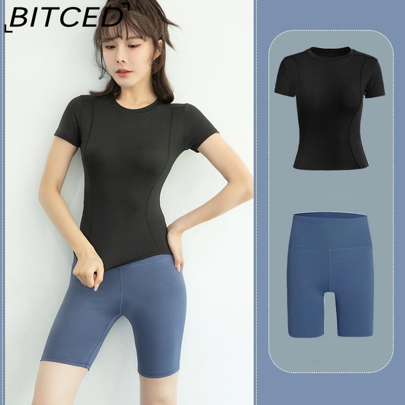 BITCED Damska odzież sportowa Top do jogi - Dopasowana kurtka z krótkim rękawem Zestaw do siłowni, biegania - Szybkoschnąca odzież treningowa na wiosnę, jesień, lato