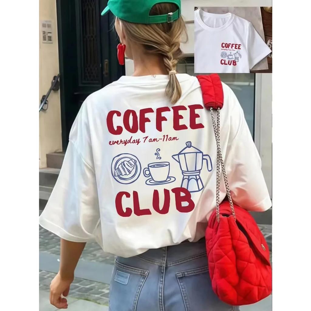 New Spring Womens Casual Round Neck Short Sleeve Coffee English Print TShirt Minimalist Design Versatile Daily Wear