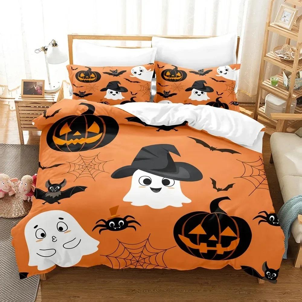 Comforter Halloween Bedding Set Kingqueen Size Cartoon Pumpkin Lantern Castle And Bat Dark Horror Night Polyester