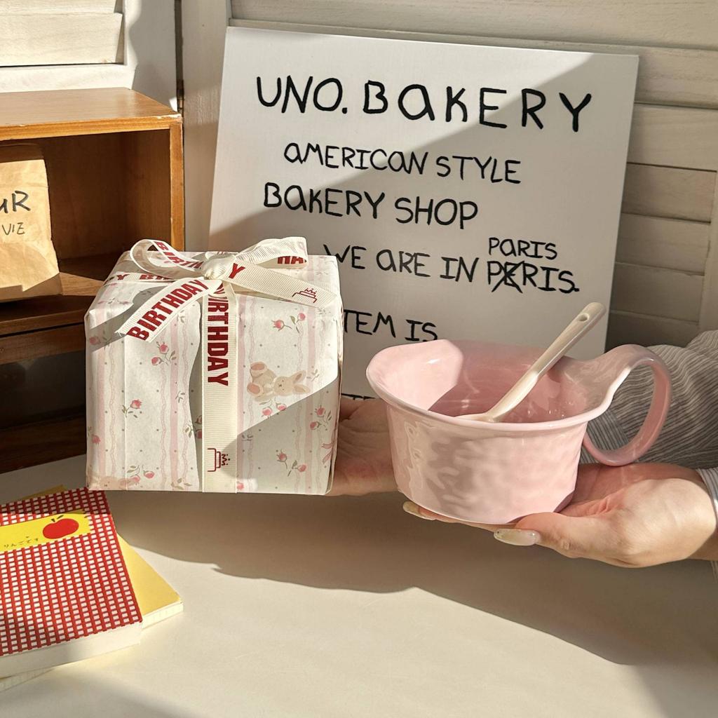 Ins Cream Wind Ceramic Mug Qu Handle Cup Large Capacity Breakfast Cup Oatmeal Bowl with Spoon Girls' Souvenir