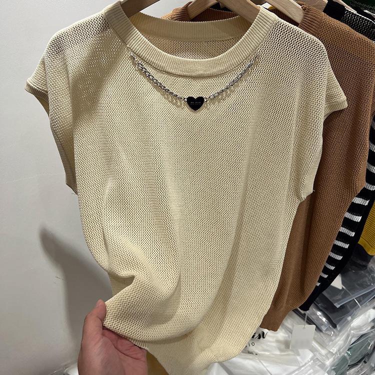 European Chain Splicing Ice Silk Sleeveless Knitted Shirt Women's Summer New Hollow Fashionable T-shirt Top Tide