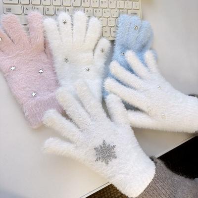 Korean Style Furry First Snow Star Gloves Touch Screen Finger Gloves Thickened Warm Mink Velvet Knitted Gloves
