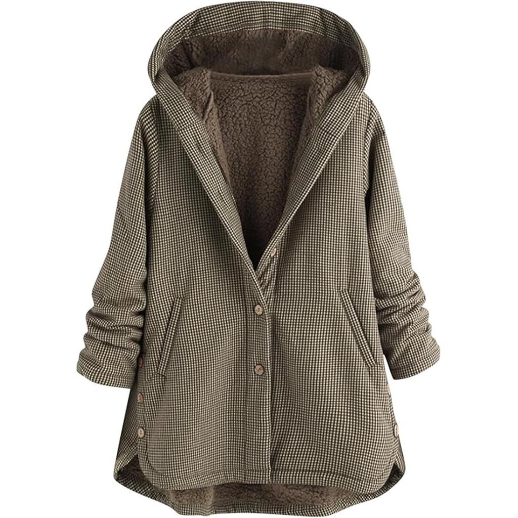 Women's Plaid Jacket Flannel Jacket Button Hooded Warm Coat