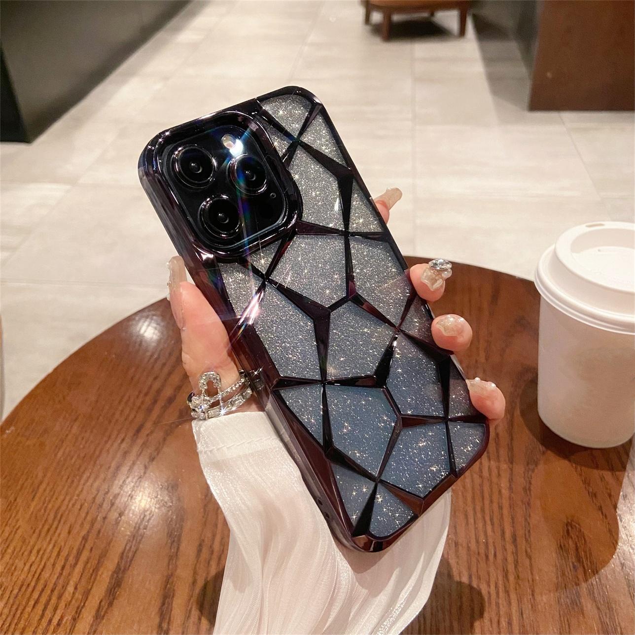 

Прозрачный чехол для телефона с блестящим геометрическим 3D бриллиантом для iPhone 15 14 13 12 11 Pro Max, роскошный противоударный защитный чехол iPhone 13 Pro Max чёрный