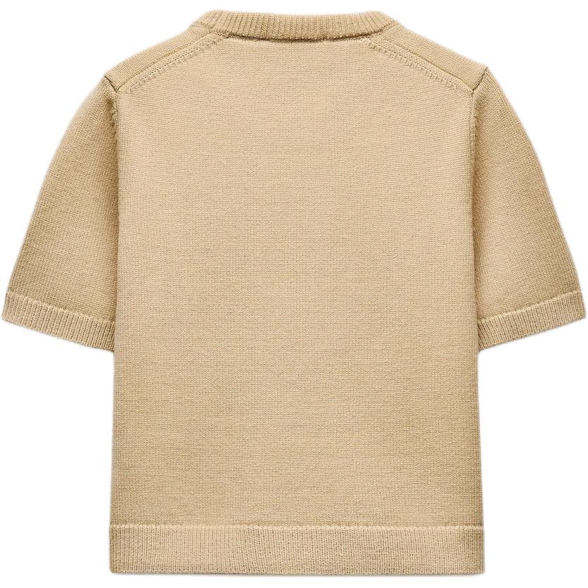Zara Solid Color Plain Knit Crew Neck Short Sleeve T-Shirt Women Tops Beige 5536132-450