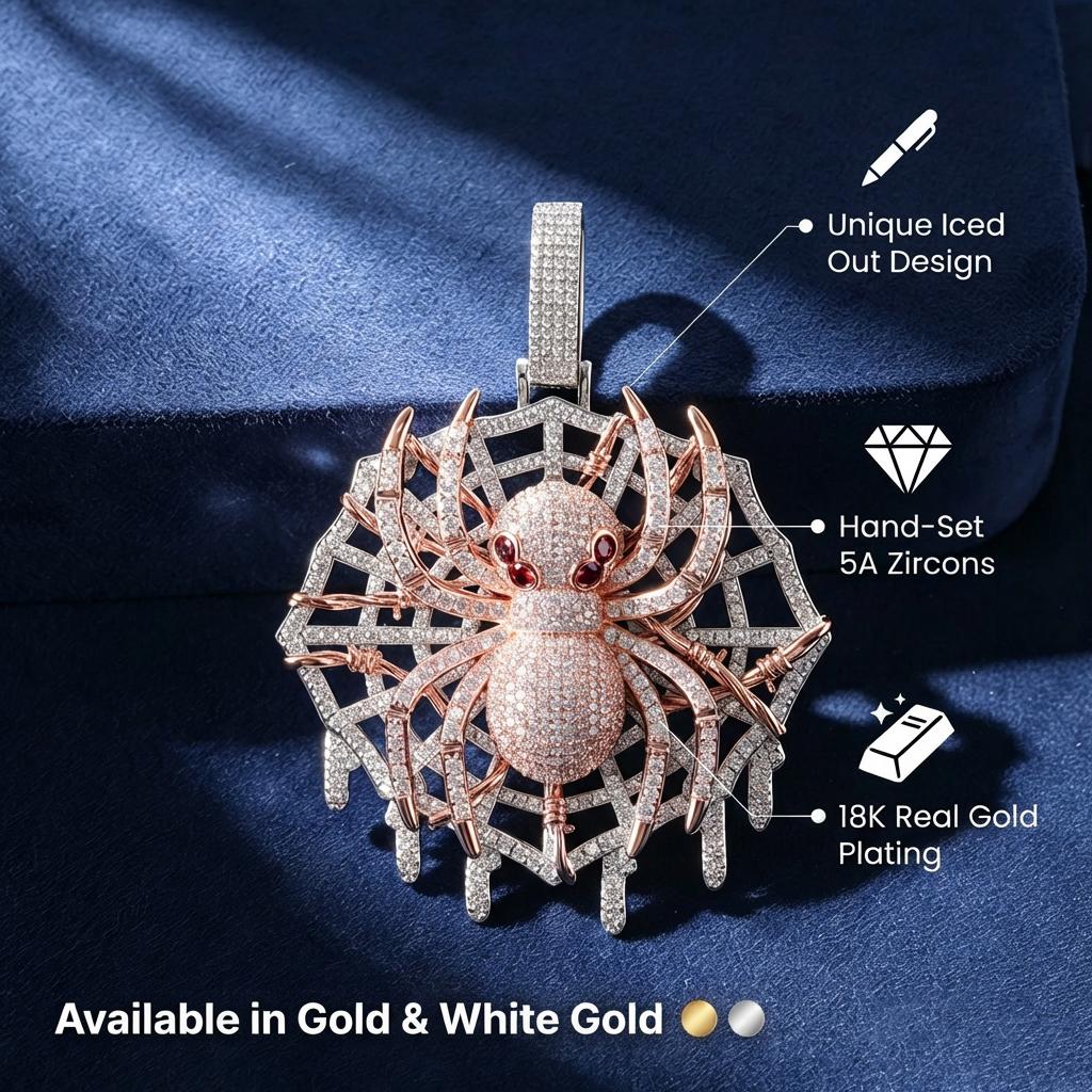 High Quality Trendy Spider Pendant With Web Two Tone Plated Brass Iced Out 5A Zircon Necklace With Tennis Chain