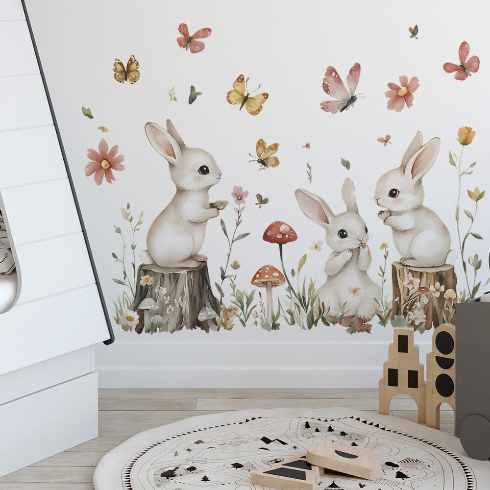 2 Pcs Cartoon Bunny Flowers and Leaves Bedroom Living Room Home Background Beautification Decoration Wall Stickers