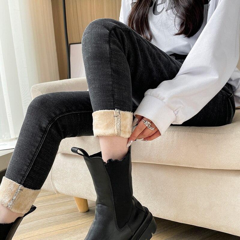 Autumn Winter Fashion Women Vintage Harajuku Jeans Fleece High Waist Casual Thicken Warm Elasticity Slim Skinny Jeans Streetwear