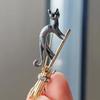 Silvery Tone Witch Cat on Broomstick Brooch - Gothic Halloween Safety Pin Charm Jewelry for Women