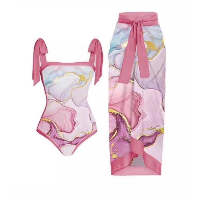2 stks/set Vrouwen Afdrukken Monokini met Rok Sling Bandeau Een Stuk Hot Spring Badpak met Beach Cover Up