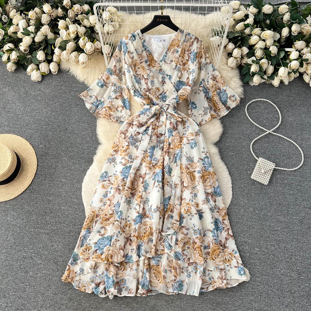 

Новое весенне-летнее женское облегающее длинное платье с v-образным вырезом и расклешенными рукавами, милое шифоновое платье с нерегулярными оборками и подолом One Size