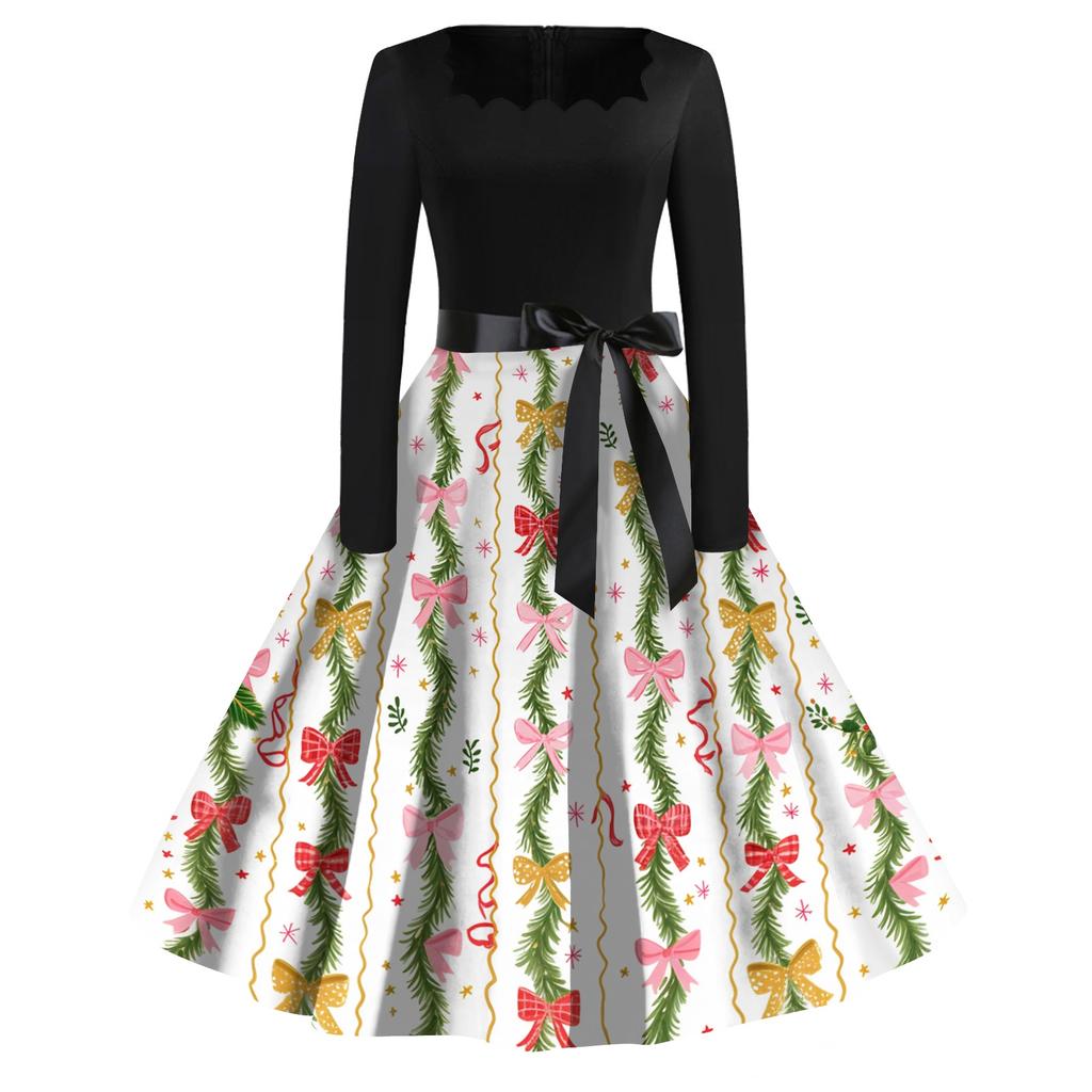 Women's Casual Fashion Christmas Print Square Neck Vintage Dress for Holiday Party