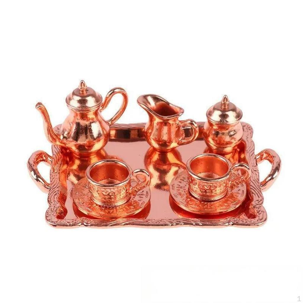 Miniature Tea Set with Tray Lustrous Dollhouse Metalware Toy for Collectors, Hobbyists,