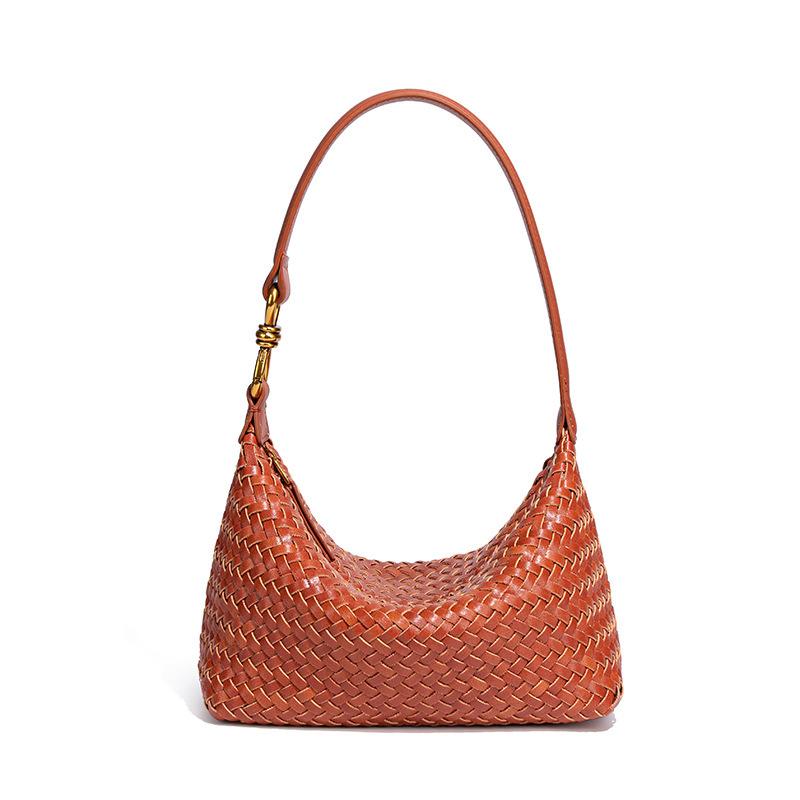 Vintage Hand Woven PU Underarm Shoulder Bag, Amber Brown Small Hobo Bag with Long Shoulder Strap, Multi Pocket Daily Casual Shoulder Purse for Women
