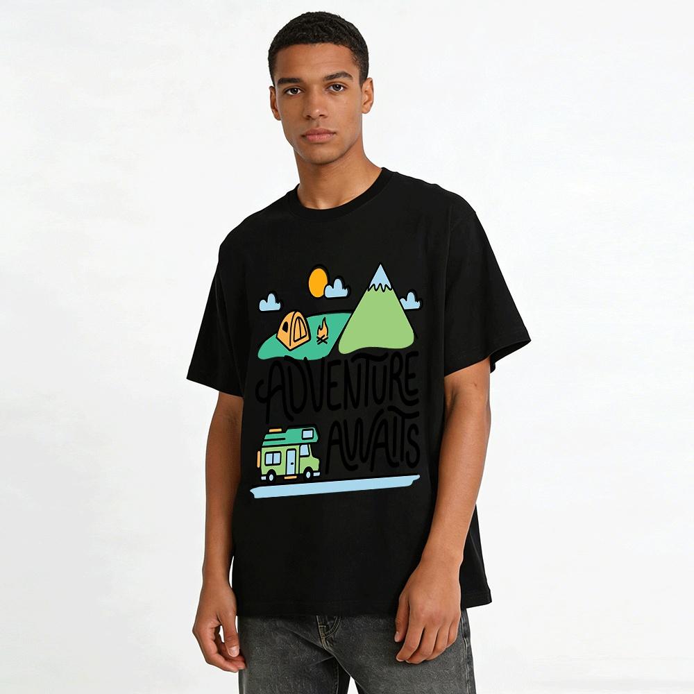 Adventure Awaits Camping Mountain Graphic Casual Tee Pure Cotton T-shirt