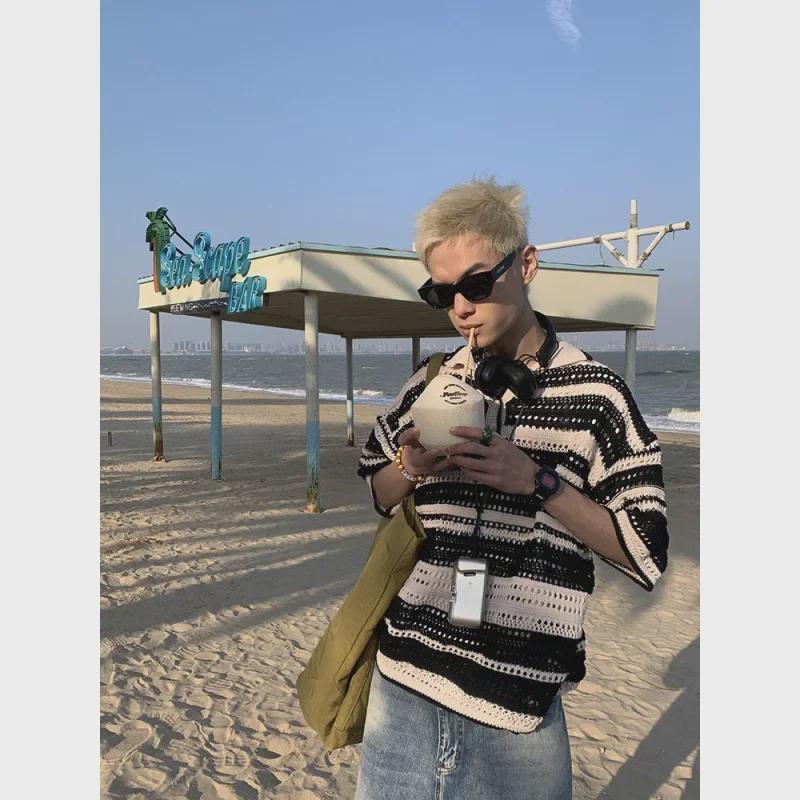 Unisex Retro Striped Knit Sweater: Loose Lapel Casual Top for Spring & Summer