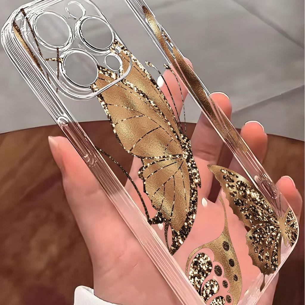 Custodia Trasparente Antiurto con Farfalla Dorata per Serie iPhone 14/15/16/17 Pro Max